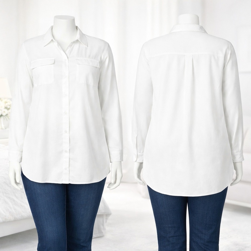 Womens Large Denim‎ & Co White Roll Tab Sleeve Button Soft Utility Tunic Shirt